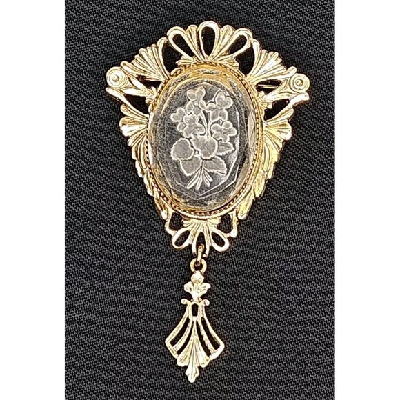 Vintage Victorian Style Gold Tone Etched Floral Bouquet Glass Brooch Pin - Picture 1 of 7